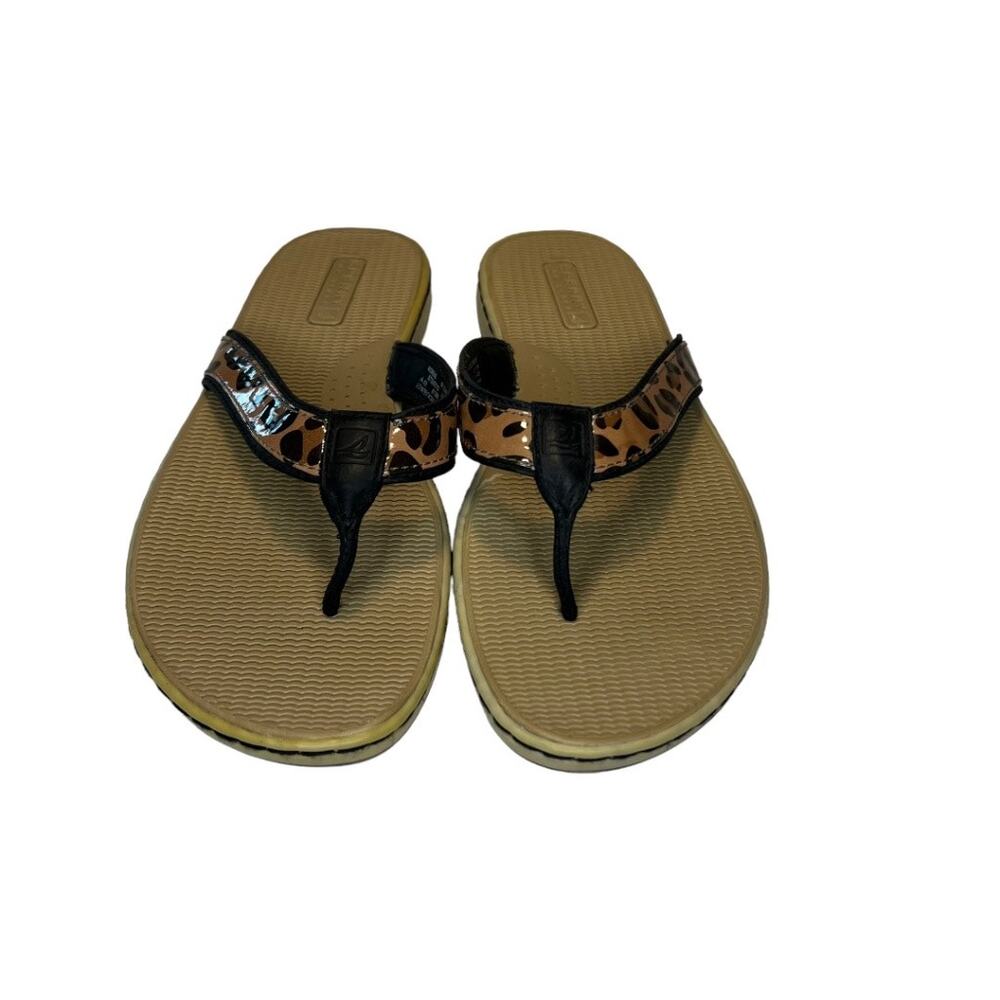 Sperry Top Sider Leather Flip Flop Sandals Tan Black Leopard Print Size 8m Comfy - Picture 4 of 15